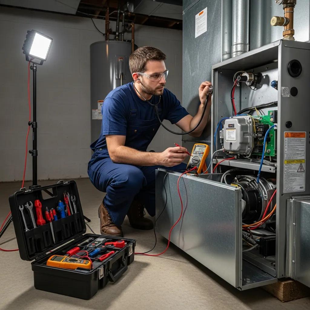 Common Symptoms of a Failing Furnace System 1 Technician inspecting a furnace for strange noises, highlighting mechanical issues