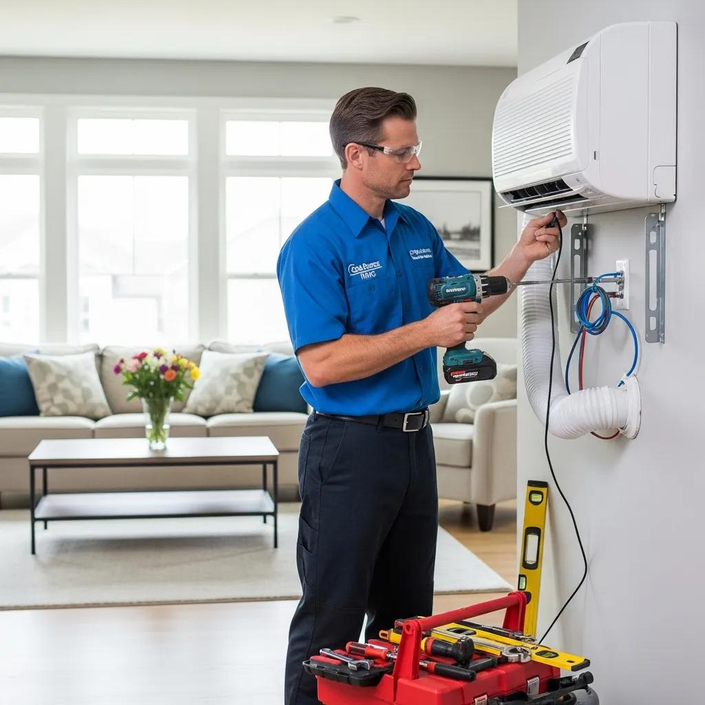 Professional technician installing an air conditioning unit in a modern home