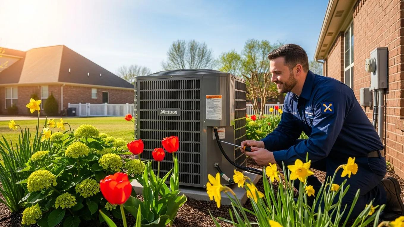 Spring HVAC preparation in Arkansas with a technician inspecting a well-maintained system